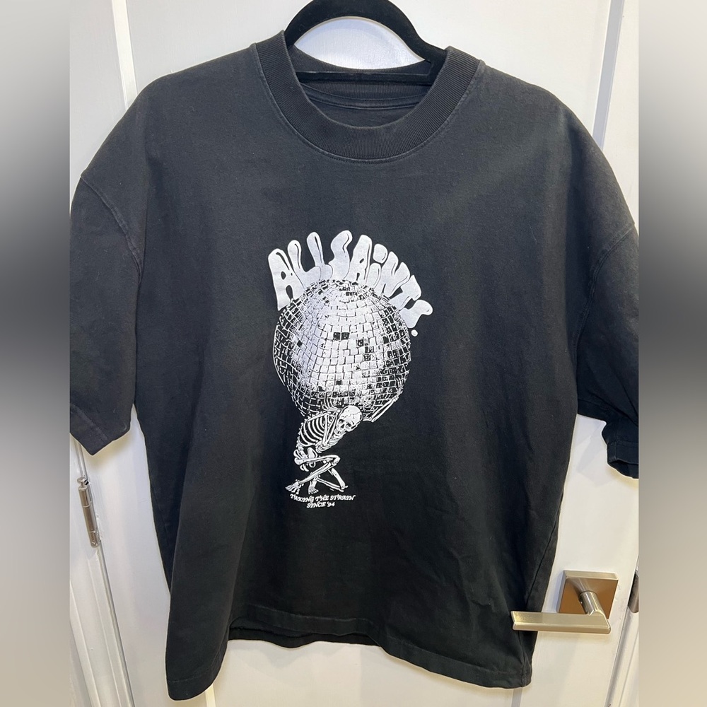 AllSaints Black Graphic Tee with White Skeleton Print